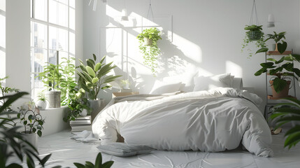 A cozy bedroom bathed in natural light with lush indoor plants surrounding a comfortable, unmade bed