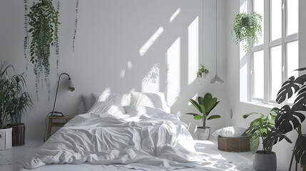 A modern bedroom with an aesthetic design, white bedding, and abundance of plants providing a peaceful environment