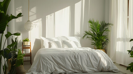 Sunlit sanctuary featuring a comfortable bed, green plants, and an elegant hanging light fixture