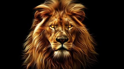majestic lion portrait with a golden mane and piercing eyes, against a black background, realistic digital painting