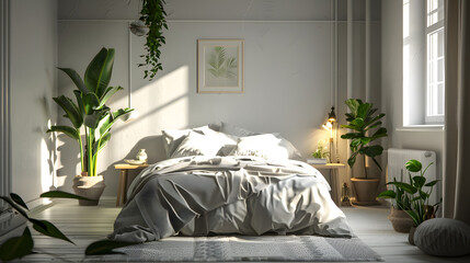 Warm sunlight filters through the windows of a tidy bedroom decorated with refreshing green plants