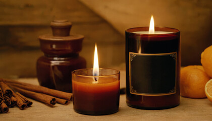 Aromatic candles. Cinnamon and orange. Brown, yellow and red tones. Mockup. Decoration concept.