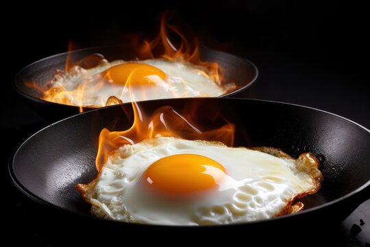 fried egg whites, beautiful, no burn marks, served on an iron pan, hot from the oven, hot smoke rising,