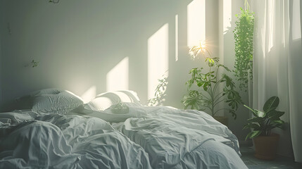 A beautifully lit bedroom scene with sunlight casting shadows amidst the greenery, creating a relaxing atmosphere