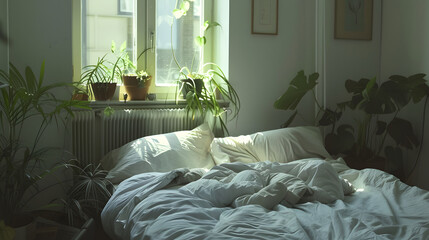 Cozy bedroom bathed in warm morning light, accentuating the indoor plants and rumpled white linen