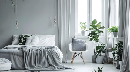 A harmoniously decorated Scandinavian style bedroom, setting a tranquil mood with soft textures and green plants