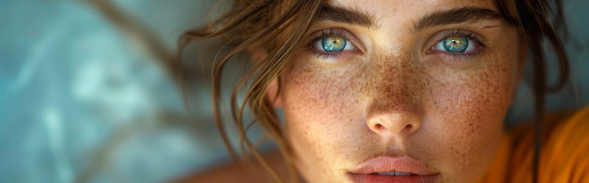 Serene beauty with striking intense blue eyes and frekles; panoramic image with close-up of a young woman 