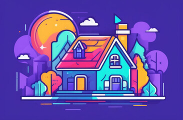 Fototapeta na wymiar colorful flat illustration of cozy house and garden around it in pleasant neighborhood