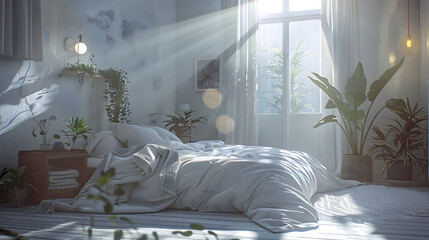 Rays of sunrise stream into a rustic bedroom highlighting the white bedding and various plant decorations