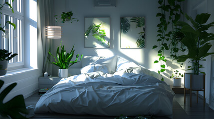 Evening light subtly enhances a modern bedroom full of green plants, creating a peaceful atmosphere
