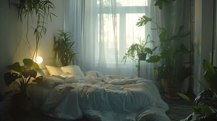 A tranquil bedroom setup featuring an unmade bed, lush indoor plants, and soft morning light filtering through the window