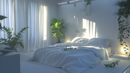 A modern bedroom space with crisp white linens and a calming presence of daylight illuminating the room
