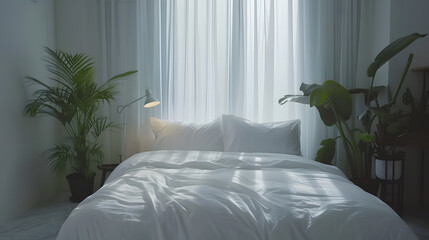 A sleek, minimalist bedroom design with soft lighting and an array of potted green plants for a natural touch