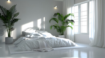 A modern bedroom with a bed with white linens illuminated by sunlight creating a peaceful and clean look