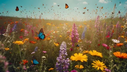 Foto op Plexiglas The picturesque nature shows beautiful flowers and butterflies in an atmosphere full of happiness. The atmosphere is appropriate this morning  © solom