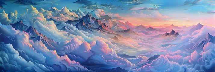 Rolgordijnen A surreal landscape painting depicting a fantastical world where mountains float amidst a sea of clouds, evoking a sense of awe and wonder © thisisforyou