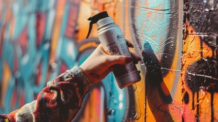 A person is painting a wall with a spray can - obrazy, fototapety, plakaty