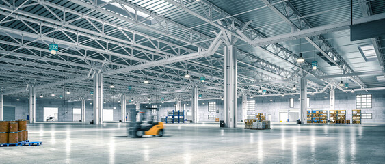 Modern industrial warehouse interior with forklift - obrazy, fototapety, plakaty