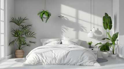 A modern bedroom with large windows allowing sunlight to cast shadows on the bed, surrounded by lush indoor plants
