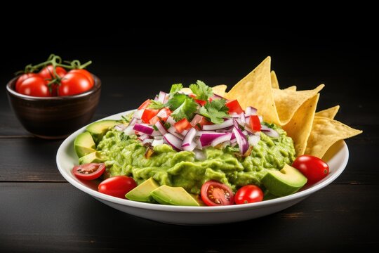 Guacamole served with nachos, fresh vegetables or crusty bread. Take photos from a wide angle Emphasis on appetizingness,
