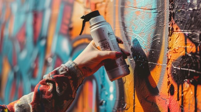 A person is painting a wall with a spray can