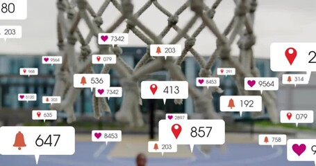 Animation of social media notifications over african american male basketball player scoring - Powered by Adobe