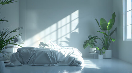 An inviting minimalist bedroom showcasing simplicity and natural light with green plants enhancing the scene