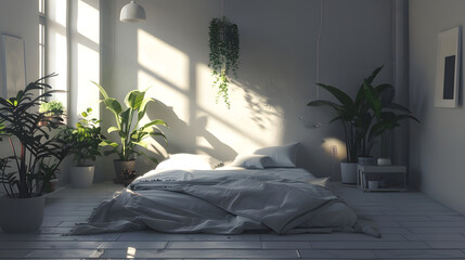 Soft shadows from window light play on a bedroom wall adorned with plants creating a restful ambiance