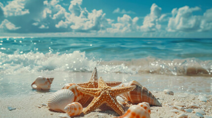 Fototapeta na wymiar Seashells and a starfish on white sand with waves in a tropical beach setting.