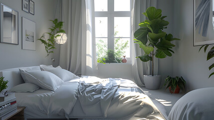 Radiant sunlight illuminates the sophisticated bedroom, with white decor and vibrant plants enhancing the pleasant and soothing atmosphere
