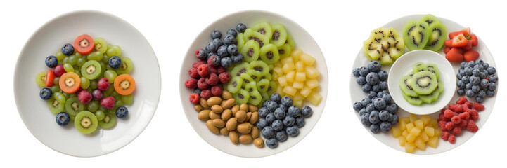 Set of plate different type of healthy fruits on a white bowl isolated on a transparent background
