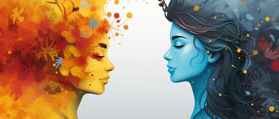 graphic illustration of two women face to face, with closed eyes and abstract flowers in the hair - 757450104