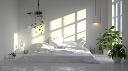 A cozy bedroom beautifully lit by the morning sun, boasting verdant plant accents and modern amenities