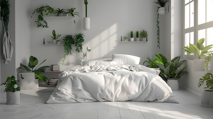 A bright, spacious bedroom with a clean minimalist design, white palette, and lush green plants for a fresh look