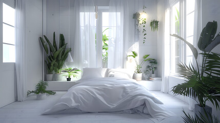 A white-themed bedroom oasis with an eclectic mix of plants creating a tranquil and lush atmosphere