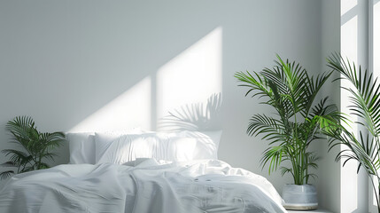 A peaceful bedroom bathed in sunlight, with green plants adding a touch of nature and tranquility