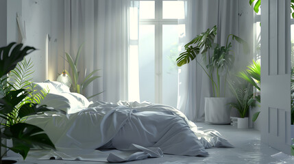 A sunny bedroom with vibrant green plants creating a refreshing atmosphere