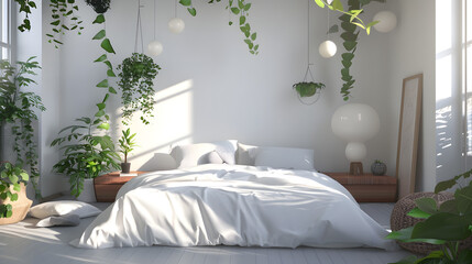 A modern minimalist bedroom with clean lines and hanging green plants for a fresh look