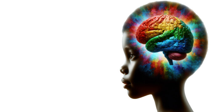 brain made up of rainbow puzzles manifests inside a dark-skinned child's head against a white background, a reminder of his intellectual potential, a place to copy. Double exposure