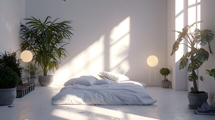 Spacious bedroom bathed in warm sunlight with minimalist design and lush green plants adding life to the space