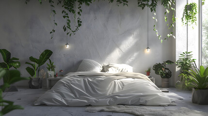 Intimate bedroom setting with a comfortable bed, hanging plants, and a textured grey wall enhancing the cozy ambiance