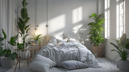 Stylish modern bedroom with a plethora of plants and gentle lighting creating a peaceful retreat in an urban setting