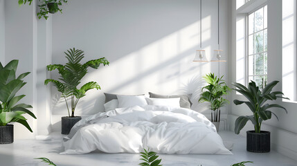 Serene bedroom interior with sunlight casting shadows, crisp white bedding, and an assortment of lush greenery