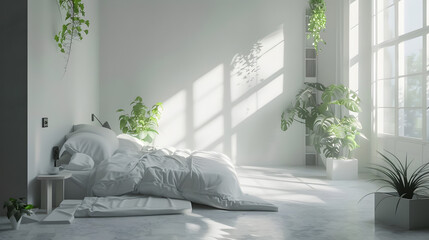 A bright and airy bedroom features a cozy bed embraced by sunlit corners and potted plants