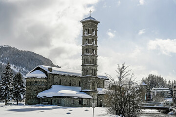 St. Moritz, Kirche, St. Karl Borromäus, Engadin, Oberengadin, St. Moritzersee, Winterwanderung, Winter, Schneedecke, Neuschnee, Winterlandschaft, Alpen, Graubünden, Schweiz