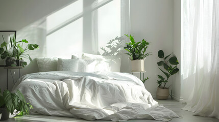 A fresh and airy bedroom filled with various green plants basking in natural sunlight filtering through sheer curtains