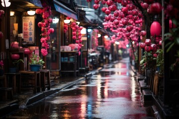 A magenta city street with flowerfilled shops and lanterns on a rainy day