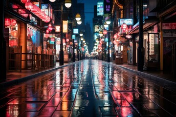a wet city street at night with a lot of lights reflected in the water - obrazy, fototapety, plakaty
