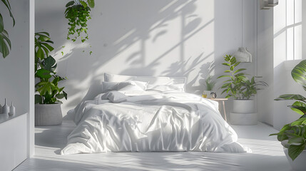 A minimalistic modern bedroom with tidy white bed linens surrounded by lush indoor plants and sunlight shadows