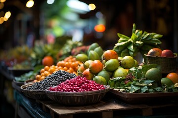Assorted fruits and veggies showcased at a market by a greengrocer